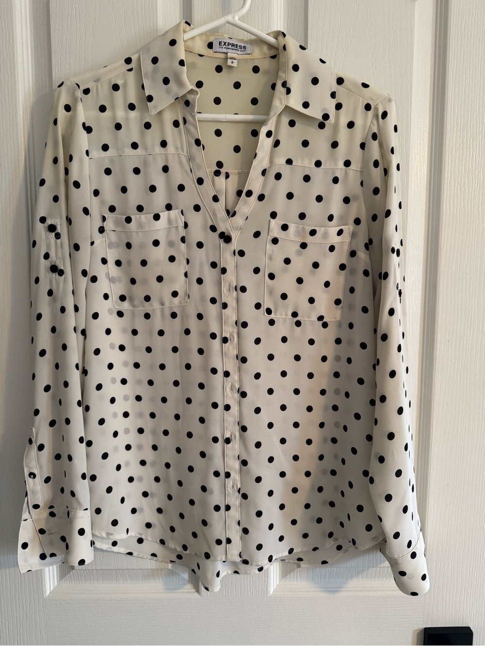 Express Ivory Blouse with Black Polka Dots